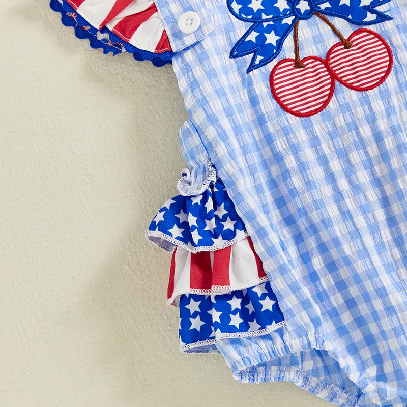 4th of July Romper Cherry Embroidery Plaid Fly Sleeves Jumpsuit and Headband Set