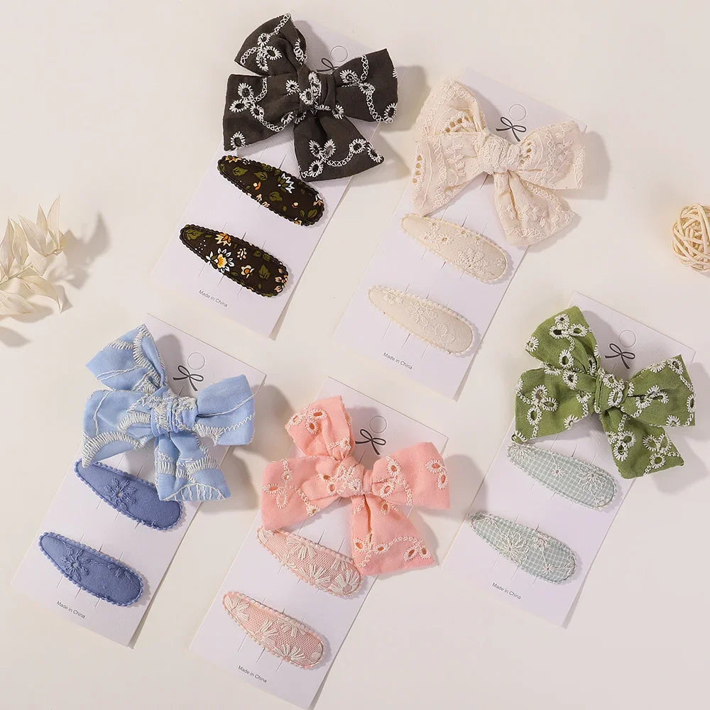 3Pcs Embroidery Flower Bow HairPins