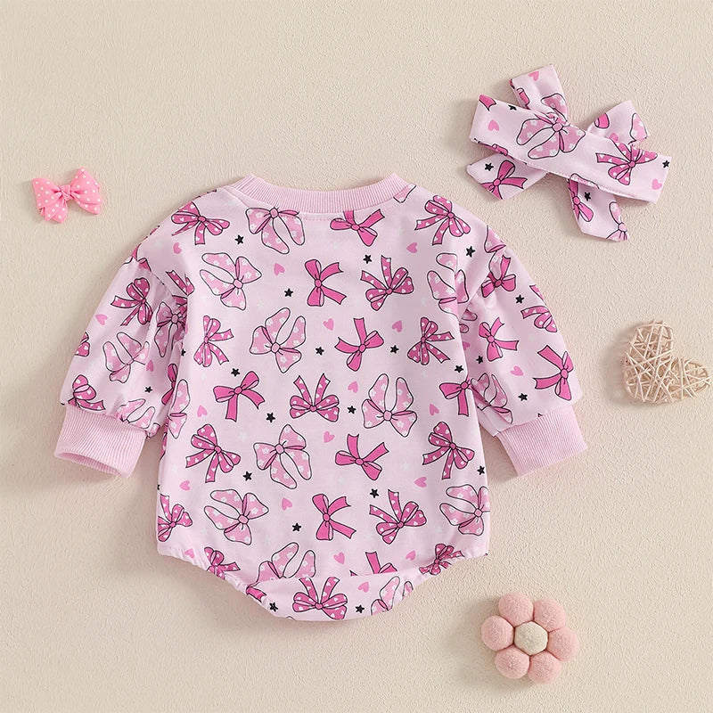 Valentine's Day Bowknot Heart Print Long Sleeve Bodysuits with Headband