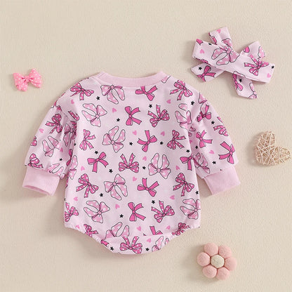 Valentine's Day Bowknot Heart Print Long Sleeve Bodysuits with Headband