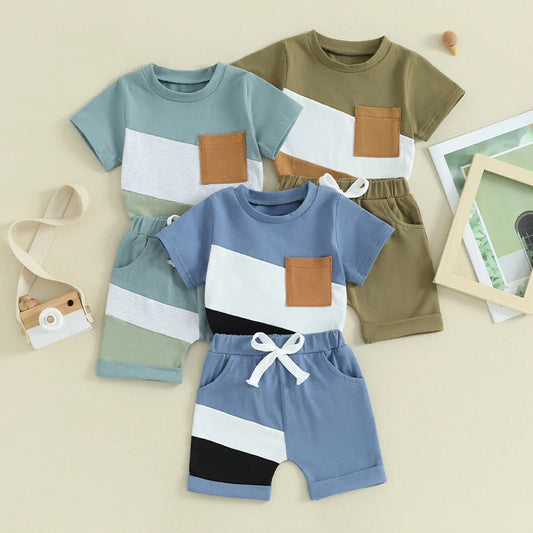 Contrast Color Short Sleeve T-shirt with Elastic Waist Shorts Set
