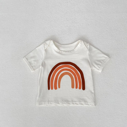 2025 Summer Outfit for Baby Boys and Girls Aged 0-3, Consisting of Denim Straps, Shorts, Two-piece Rainbow Printed T-shirt Set