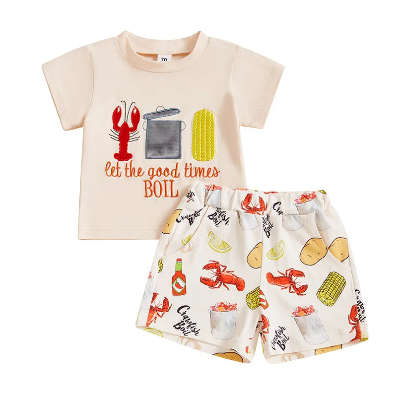Short Sleeve  Embroidery T-shirt with Lobster Print Shorts Set