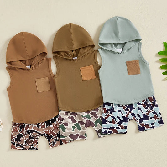 Pocket Hooded Sleeveless Tank Tops + Camouflage Elastic Waist Shorts set