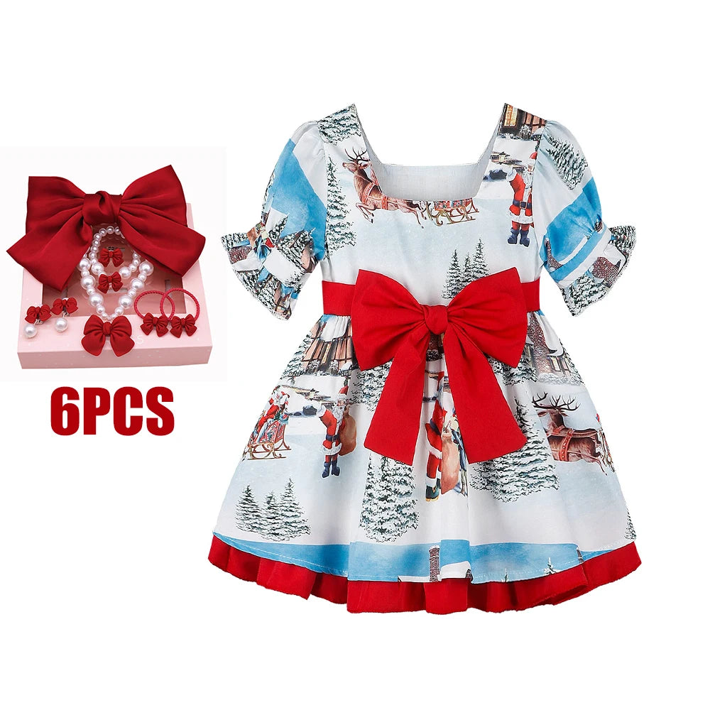 Christmas Bow Dress Kids Full Printing Casual Elk Xmas