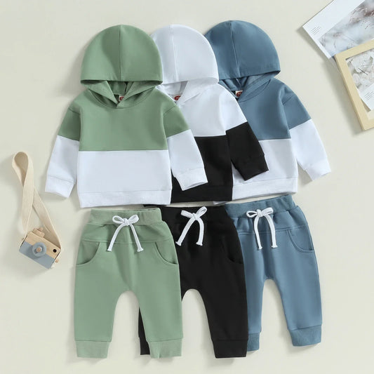 Long Sleeve Contrast Color Hoodie Tops Drawstring Pants Outfits