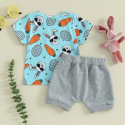 Rabbit Print T-shirt with Elastic Waist Shorts 2-piece Short Sleeve