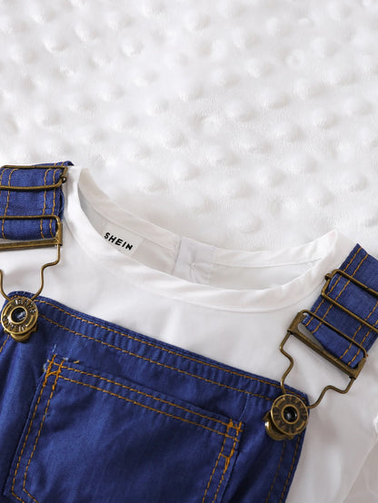 1-3 year old summer baby boy and girl casual solid color sleeveless top+versatile denim shoulder strap shorts set