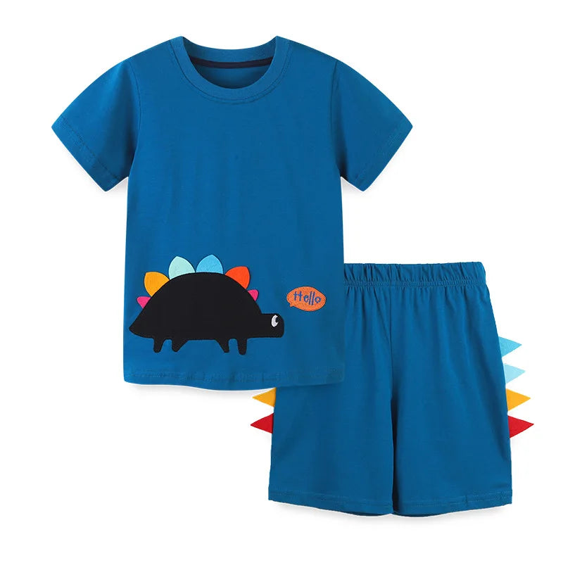 Cartoon Casual Tops and Pant with Dinosaur Blue Cotton Soft and Comfort for Kids