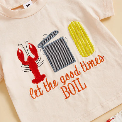 Short Sleeve  Embroidery T-shirt with Lobster Print Shorts Set