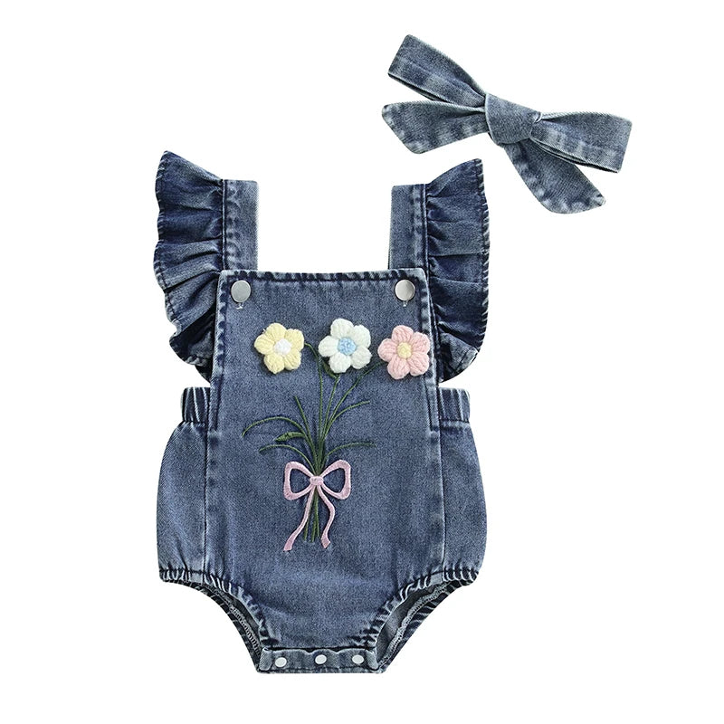Girl Summer Outfits Ruffle Sleeveless Square Neck Denim Romper with Headband Set