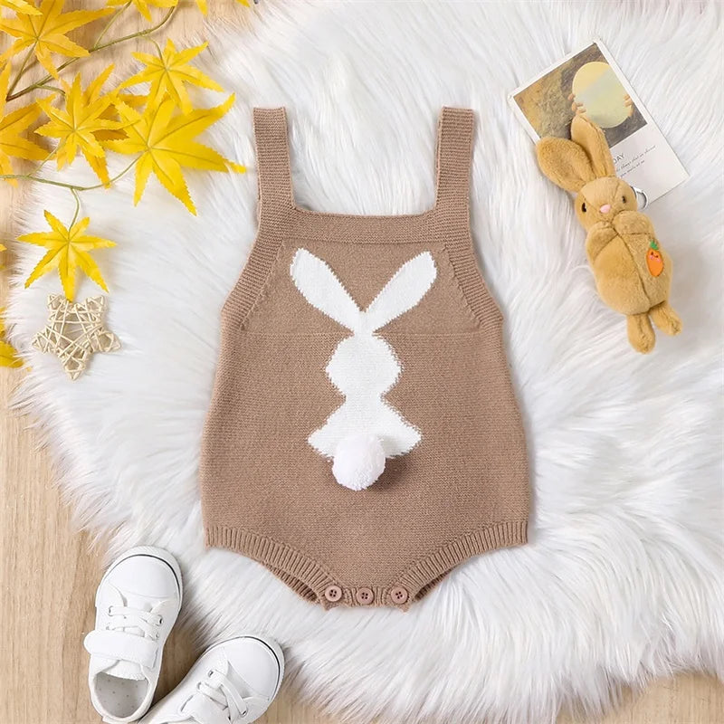 Bunny Print Square Neck Sleeveless Knit Rompers