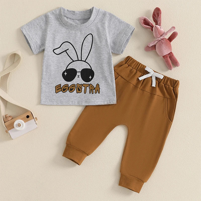 Bunny Print Short Sleeve T-Shirt and Elastic Waist Pants