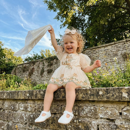 Baby Girl Summer Outfits Flower Embroidered Mesh Short Sleeve Romper Dress and Bow Headband 2 Pcs Set 0-24M