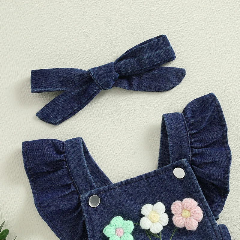 Girl Summer Outfits Ruffle Sleeveless Square Neck Denim Romper with Headband Set