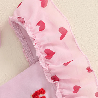 Heart Letter Embroidery Fly Sleeve Skirt  Bodysuits with Headband