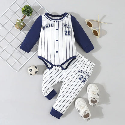 Long Sleeved Patchwork Striped Baseball Jumpsuit with Pants