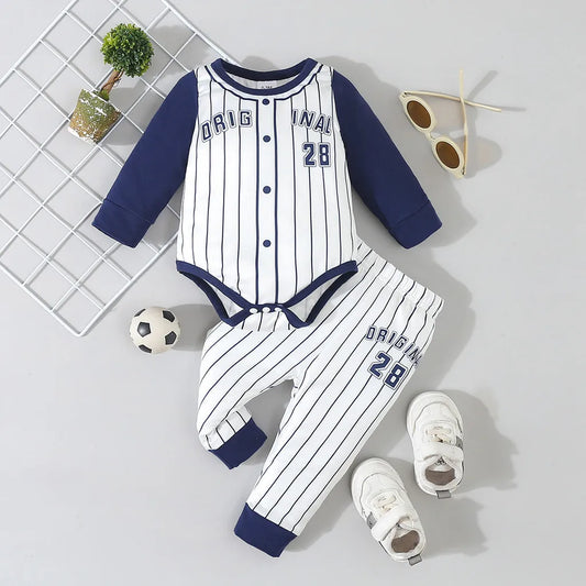 Long Sleeved Patchwork Striped Baseball Jumpsuit with Pants