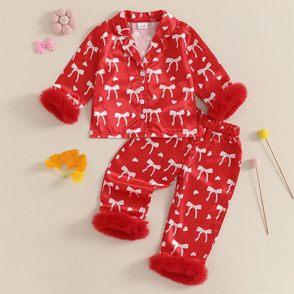 Valentine Pajamas Sets Bow Print Plush Long Sleeve Tops With Pants