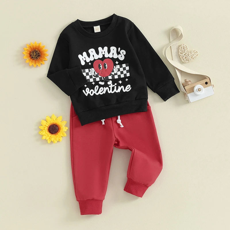 Boy Long Sleeve Mamas Valentine Sweatshirt  and Long Pants Spring Outfits