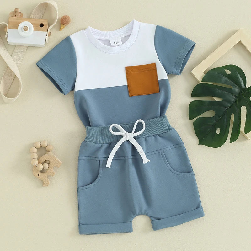 Summer Clothes Color Block Short Sleeve T-shirts + Shorts Set
