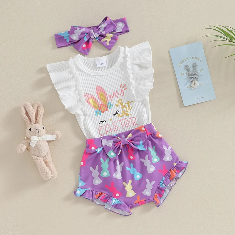 My First Easter Ribbed Romper ruffle Bunny Shorts