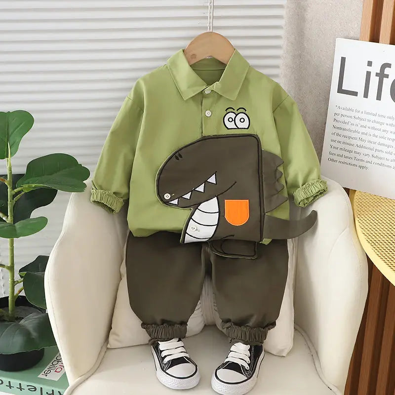 Cotton Sport Patchwork Dinosaur Shirt+  Jeans 2Pcs/Set