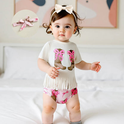 Girl Western Outfit Cow/Boot Short Sleeve Tassel T-shirt Elastic Waist Shorts Tie-up Headband Set