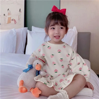 Girls Dress 2024 Autumn New Korean Girls' Splicing Pleated Dress Polka Dot Printed Baby Kids Casual Clothing