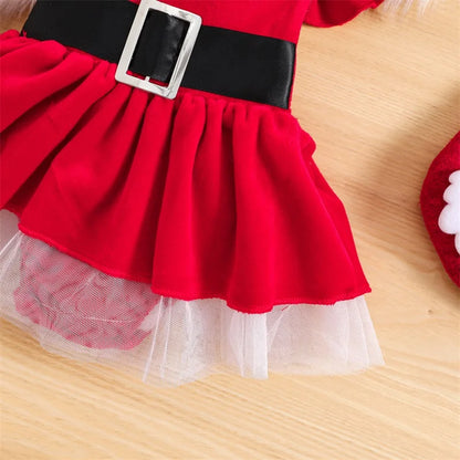 Girls Christmas Outfits Long Sleeve Fur Trim Velvet Romper Dress + Headband