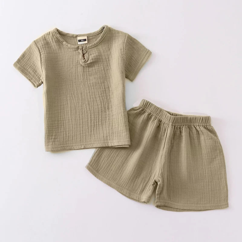 Solid Cotton Linen T-shirts+Shorts Set