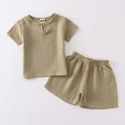 Solid Cotton Linen T-shirts+Shorts Set