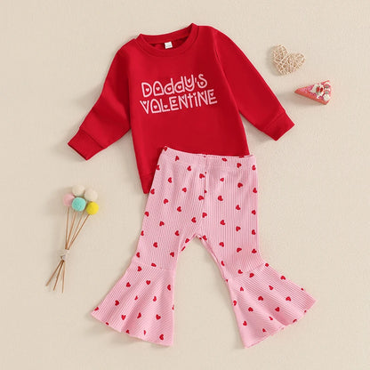 Letter Print Long Sleeve Sweatshirt Heart Print Ribbed Flare Pants Valentines Day outfit