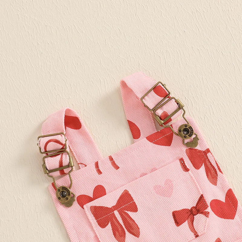 Girl Suspender Shorts Bow Heart Print Sleeveless Overalls