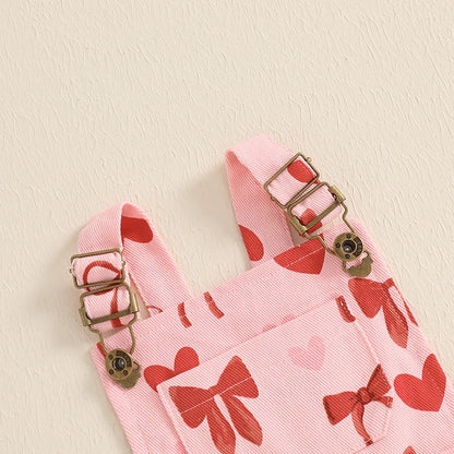 Girl Suspender Shorts Bow Heart Print Sleeveless Overalls