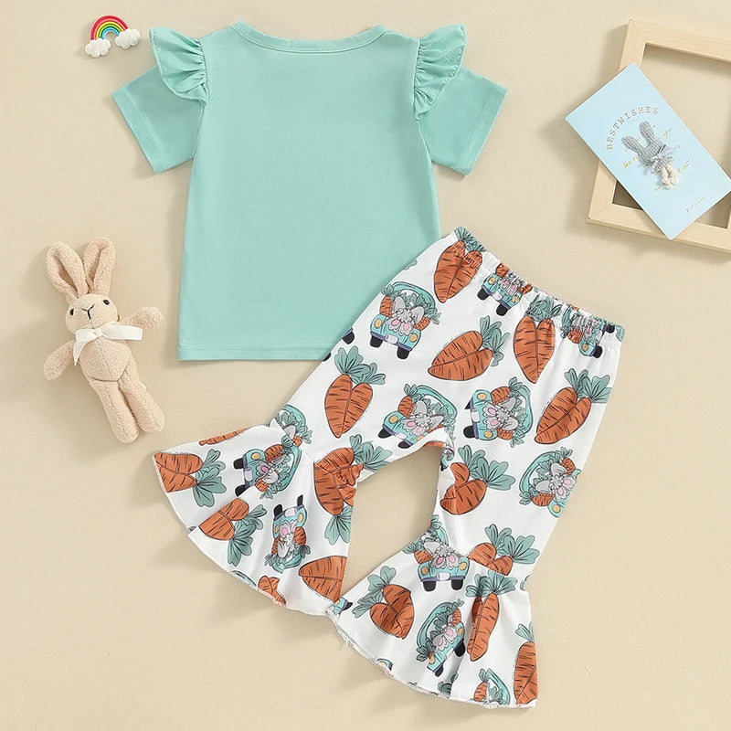 Short Sleeve Letter Print T-Shirt Bunny and Flared Pant Sets