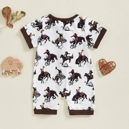 Boy Western Short Sleeve Round Neck Horse Print Jumpsuit