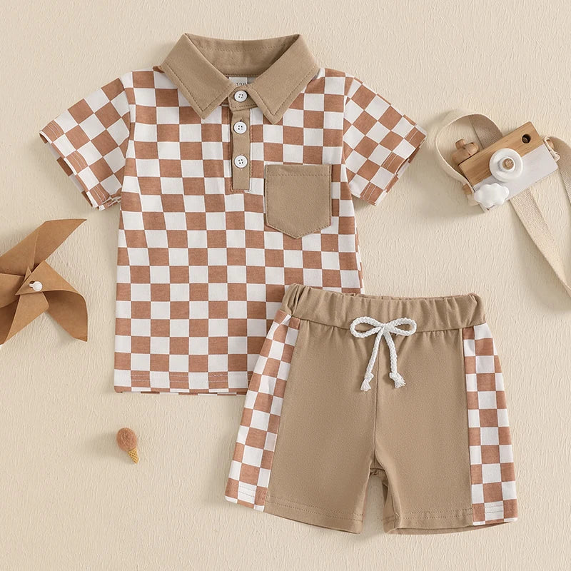 Short Sleeve Lapel Checkerboard Print Tops and Drawstring Shorts Sets