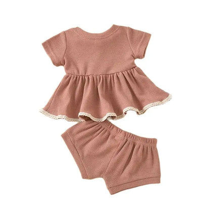Summer Newborn Baby Girl Set Cotton linen Solid O-neck Short Sleeve Ruffles T-shirt Shorts Suit Infant Clothes Outfit