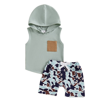 Pocket Hooded Sleeveless Tank Tops + Camouflage Elastic Waist Shorts set