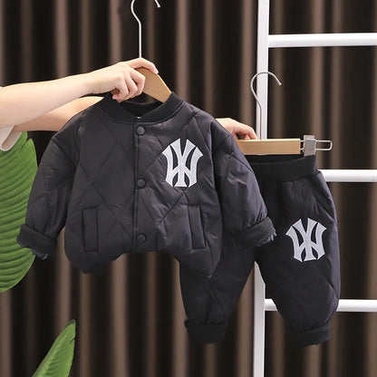 Kids Designer Luxury Clothes Winter 2023 Fashion Thickened Boys Letter Cotton Coats + Pants Suit Set Children's Christmas Outfit