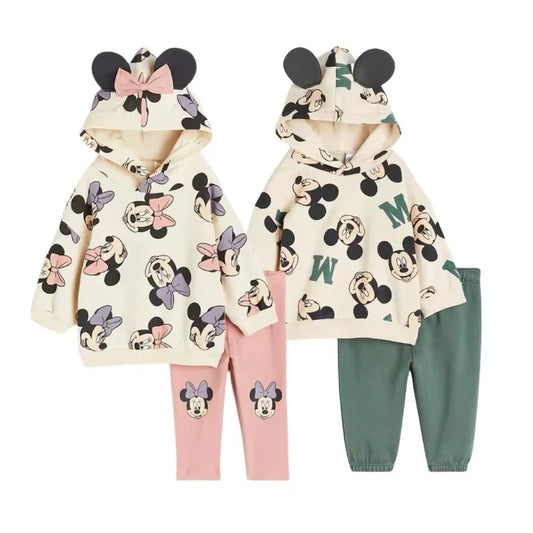 Minnie And Mickey Full Print Hooded Tops Solid Color Two-piece Cartoon Sweatshirt+Pants