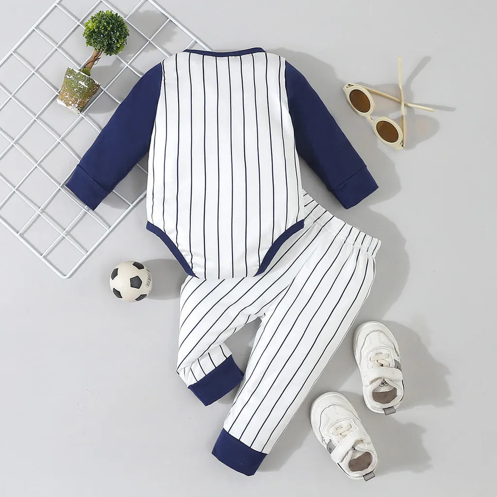 Long Sleeved Patchwork Striped Baseball Jumpsuit with Pants