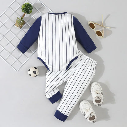 Long Sleeved Patchwork Striped Baseball Jumpsuit with Pants