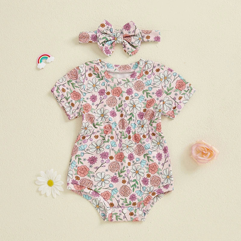 Ribbed Romper Floral/Bow/Strawberry Short Sleeve Bodysuit with Bow Headband