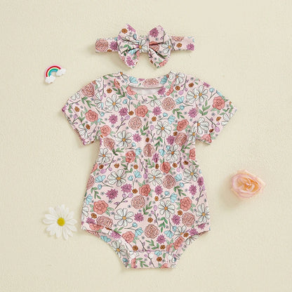 Ribbed Romper Floral/Bow/Strawberry Short Sleeve Bodysuit with Bow Headband