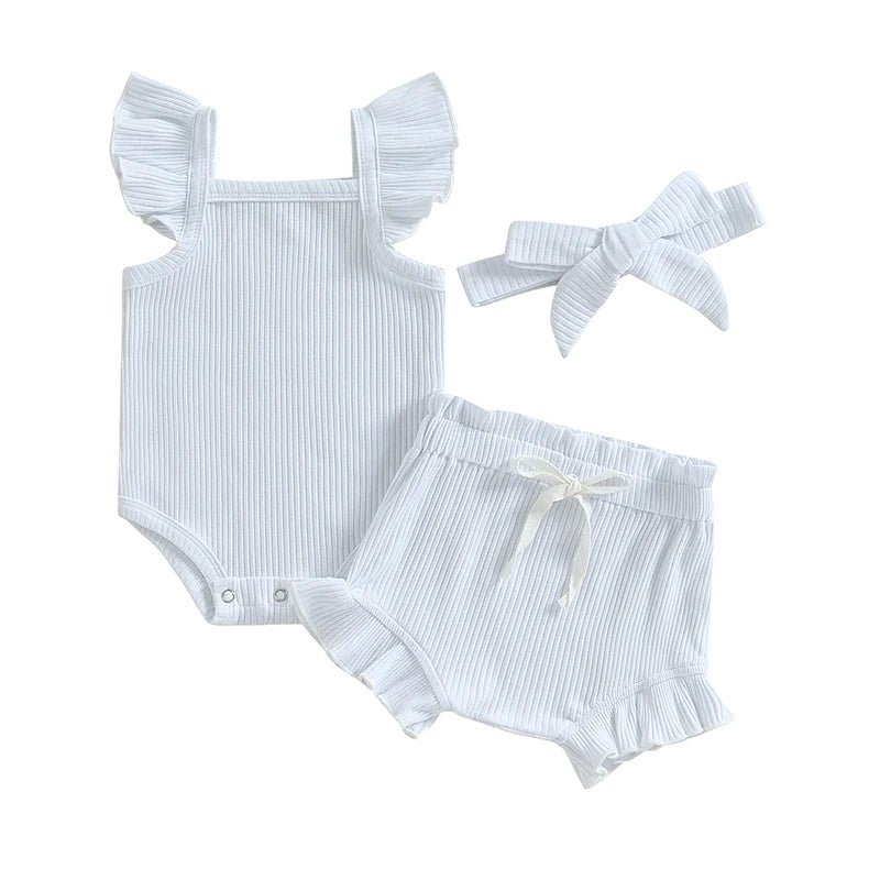 Girls 3Pcs Summer short sleeve top and ruffled shorts
