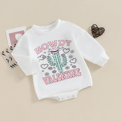 Baby Girls Romper Long Sleeve Crew Neck Letters Cactus Print