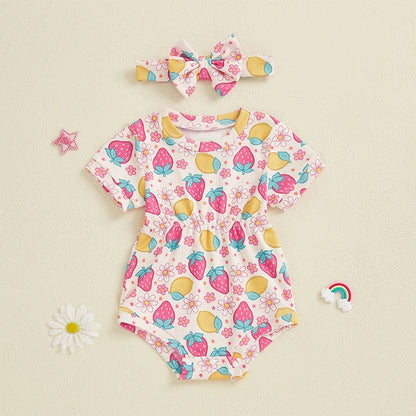 Ribbed Romper Floral/Bow/Strawberry Short Sleeve Bodysuit with Bow Headband