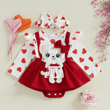Newborn Girl Outfit Long Sleeve Cartoon Cat Heart Print